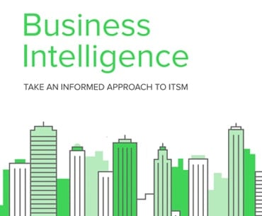 City skyline with "Business Intelligence White Paper: Informed Approach to ITSM" in green, highlighting SysAid's ITSM solutions. - SysAid