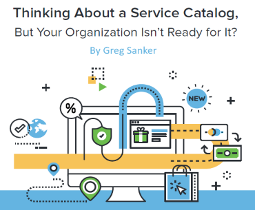 Illustration of a computer with service icons and text: "Considering a Service Catalog? Enhance readiness with SysAid ITSM solutions. - SysAid