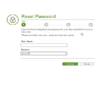User password reset page with username and domain fields. SysAid ITSM streamlines forgotten password recovery process. - SysAid