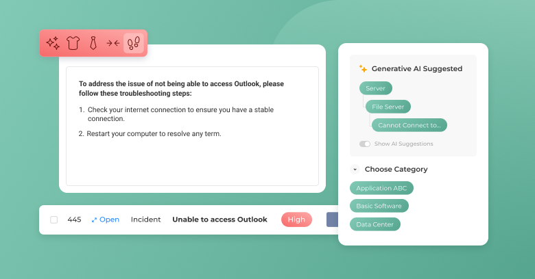 User interface shows Outlook troubleshooting with GenAI Chatbot, highlighting SysAid's ITSM capabilities in server management. - SysAid